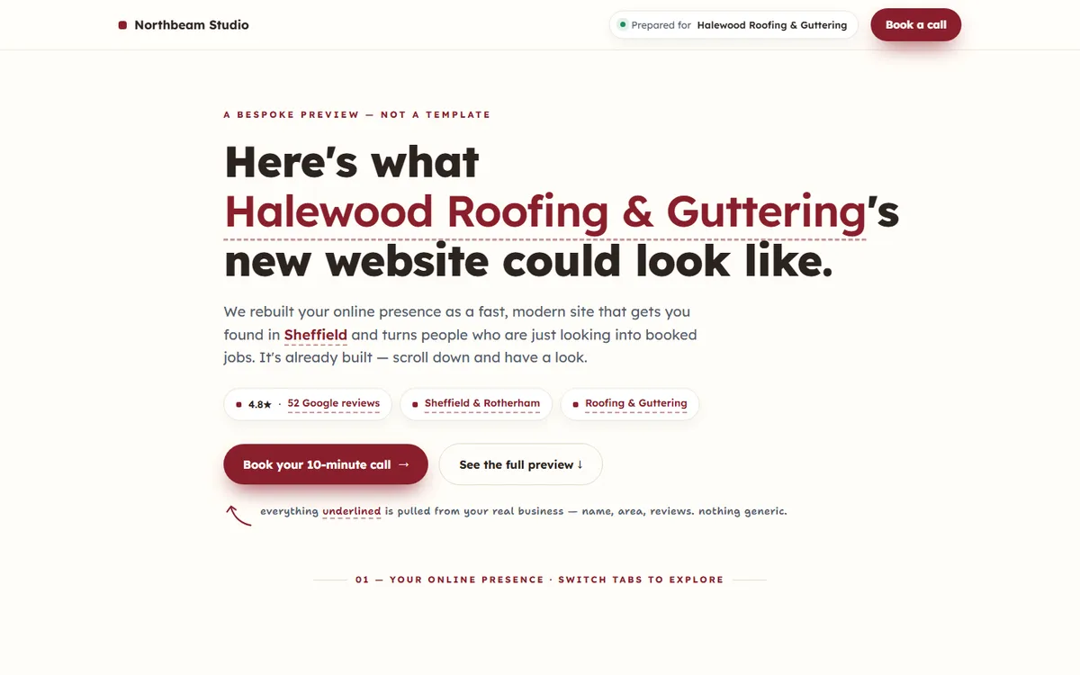 Halewood Roofing prospect page