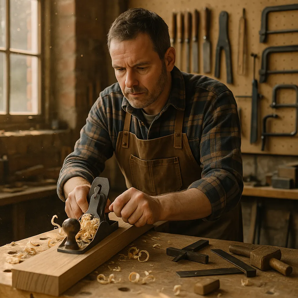 Kerrigan joiner hand-planing oak in the workshop